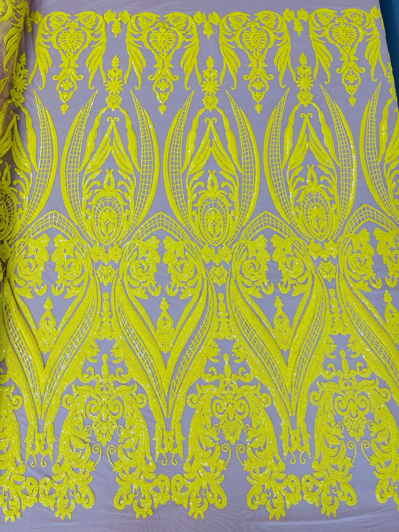 Damask Sequins - Yellow - Damask Sequin Design on 4 Way Stretch Fabric By Yard