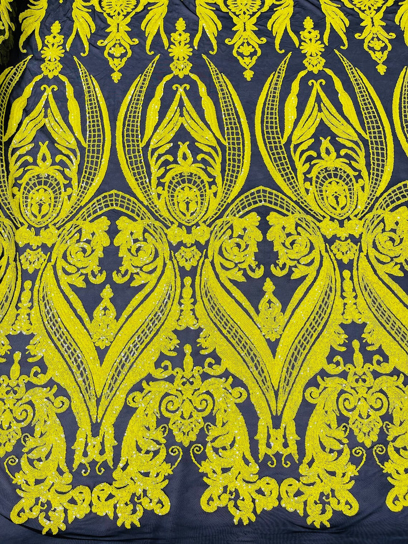 Damask Sequins - Yellow on Black - Damask Sequin Design on 4 Way Stretch Fabric By Yard