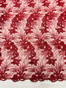 Plant Cluster Design Fabric - Metallic Burgundy - Embroidered High Quality Lace Fabric by Yard
