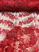 Plant Cluster Design Fabric - Metallic Burgundy - Embroidered High Quality Lace Fabric by Yard