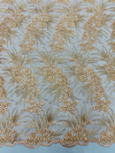 Plant Cluster Design Fabric - Metallic Light Coral - Embroidered High Quality Lace Fabric by Yard