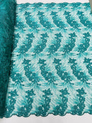 Plant Cluster Design Fabric - Metallic Jade - Embroidered High Quality Lace Fabric by Yard