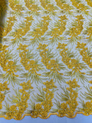 Plant Cluster Design Fabric - Metallic Yellow - Embroidered High Quality Lace Fabric by Yard