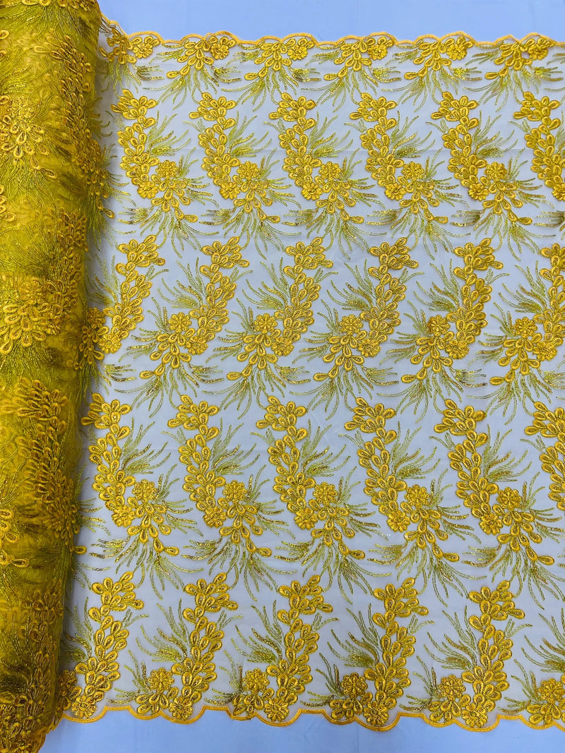 Plant Cluster Design Fabric - Metallic Yellow - Embroidered High Quality Lace Fabric by Yard