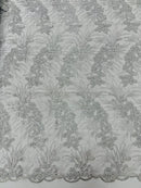 Plant Cluster Design Fabric - Metallic Silver - Embroidered High Quality Lace Fabric by Yard