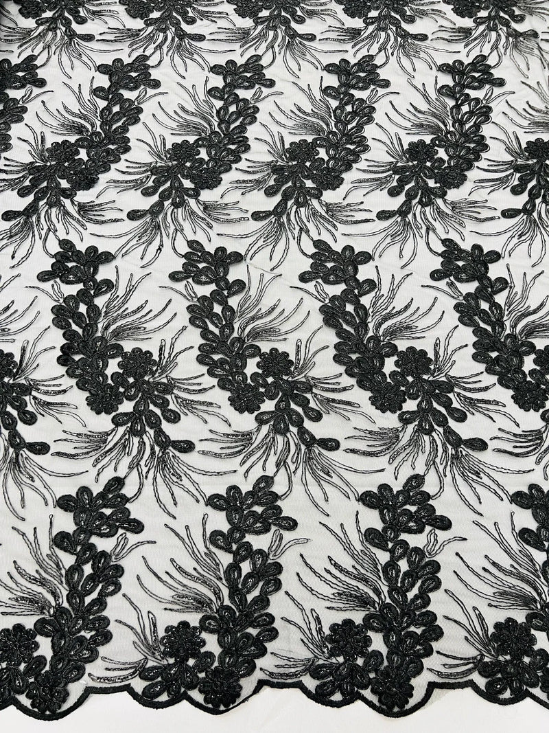 Plant Cluster Design Fabric - Metallic Black - Embroidered High Quality Lace Fabric by Yard