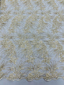 Plant Cluster Design Fabric - Metallic White/Gold - Embroidered High Quality Lace Fabric by Yard