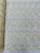 Plant Cluster Design Fabric - Metallic White/Gold - Embroidered High Quality Lace Fabric by Yard