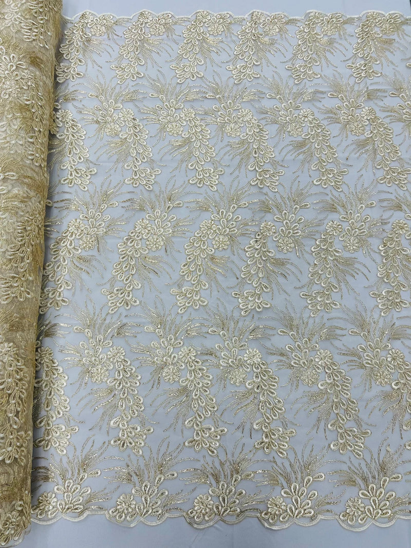 Plant Cluster Design Fabric - Metallic White/Gold - Embroidered High Quality Lace Fabric by Yard