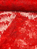 Plant Cluster Design Fabric - Metallic Red - Embroidered High Quality Lace Fabric by Yard