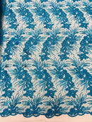 Plant Cluster Design Fabric - Metallic Turquoise - Embroidered High Quality Lace Fabric by Yard