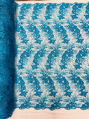 Plant Cluster Design Fabric - Metallic Turquoise - Embroidered High Quality Lace Fabric by Yard