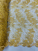 Plant Cluster Design Fabric - Metallic Gold - Embroidered High Quality Lace Fabric by Yard