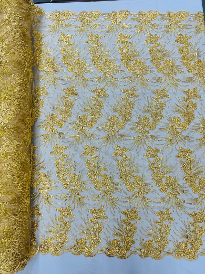 Plant Cluster Design Fabric - Metallic Gold - Embroidered High Quality Lace Fabric by Yard