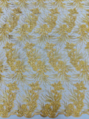 Plant Cluster Design Fabric - Metallic Gold - Embroidered High Quality Lace Fabric by Yard