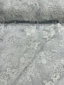 Plant Cluster Design Fabric - Metallic White/Silver - Embroidered High Quality Lace Fabric by Yard