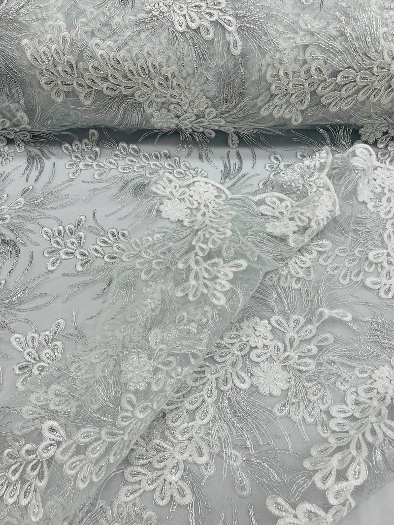 Plant Cluster Design Fabric Metallic White Silver Embroidered High