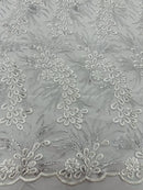 Plant Cluster Design Fabric - Metallic White/Silver - Embroidered High Quality Lace Fabric by Yard