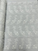 Plant Cluster Design Fabric - White - Embroidered High Quality Lace Fabric by Yard
