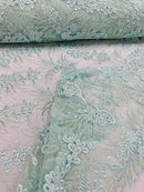 Plant Cluster Design Fabric - Mint - Embroidered High Quality Lace Fabric by Yard