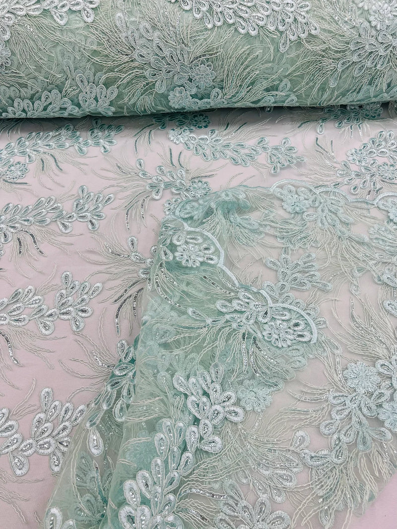 Plant Cluster Design Fabric - Mint - Embroidered High Quality Lace Fabric by Yard