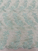 Plant Cluster Design Fabric - Mint - Embroidered High Quality Lace Fabric by Yard