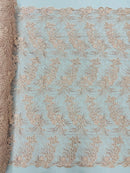 Plant Cluster Design Fabric - Blush - Embroidered High Quality Lace Fabric by Yard