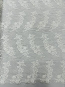 Plant Cluster Design Fabric - Ivory - Embroidered High Quality Lace Fabric by Yard