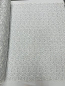 Metallic Corded Lace Fabric - Metallic Silver - Flower Design Embroidered on Mesh Lace Fabric By Yard