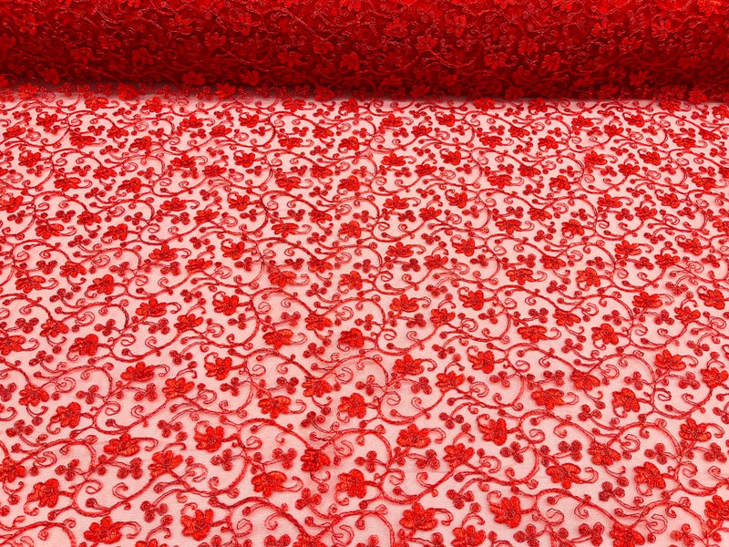 Metallic Corded Lace Fabric - Metallic Red - Flower Design Embroidered on Mesh Lace Fabric By Yard