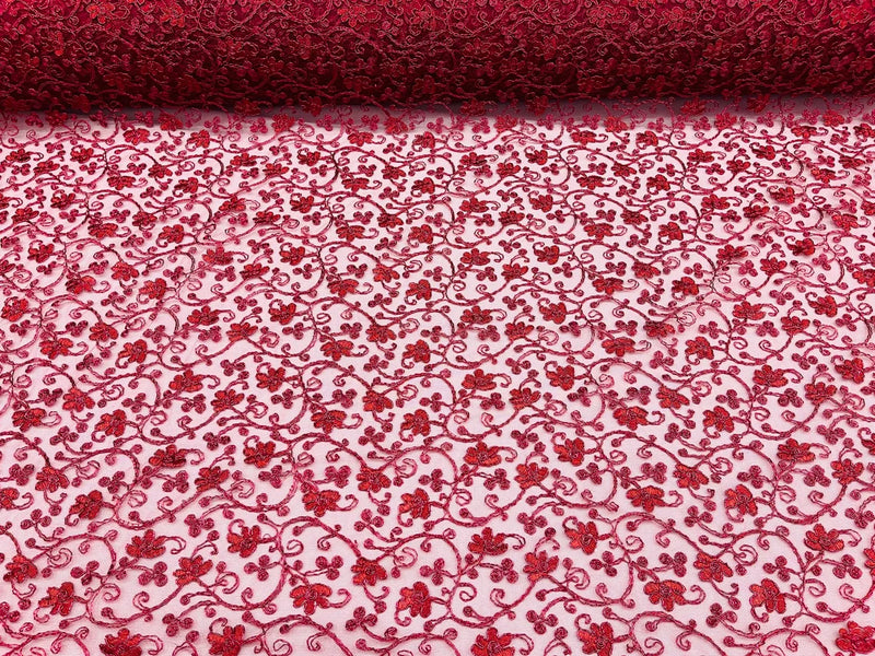 Metallic Corded Lace Fabric - Metallic Burgundy - Flower Design Embroidered on Mesh Lace Fabric By Yard