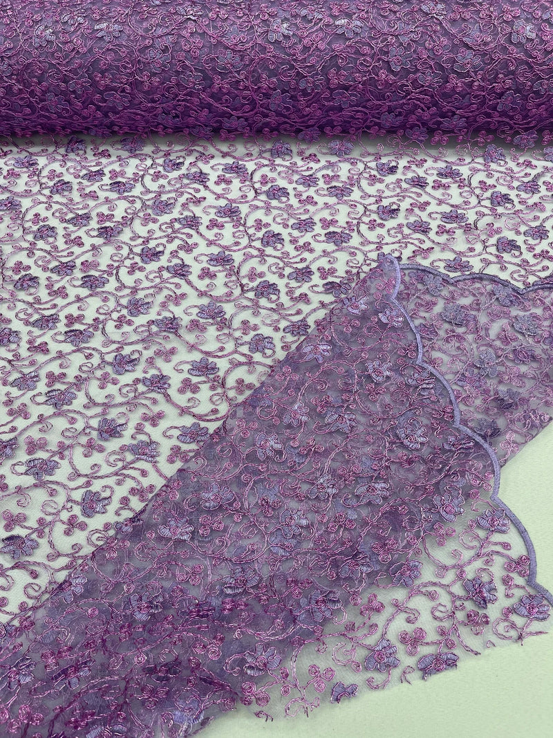 Metallic Corded Lace Fabric - Metallic Lilac - Flower Design Embroidered on Mesh Lace Fabric By Yard