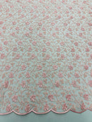 Metallic Corded Lace Fabric - Metallic Pink - Flower Design Embroidered on Mesh Lace Fabric By Yard