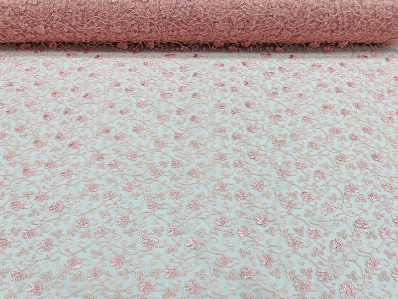 Metallic Corded Lace Fabric - Metallic Pink - Flower Design Embroidered on Mesh Lace Fabric By Yard