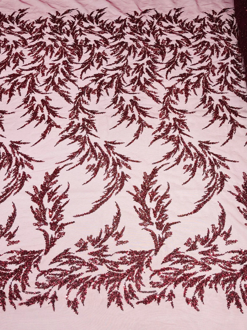 Plant Cluster Fabric - Burgundy - Beaded Embroidered Leaf Plant Design on Lace Mesh By Yard