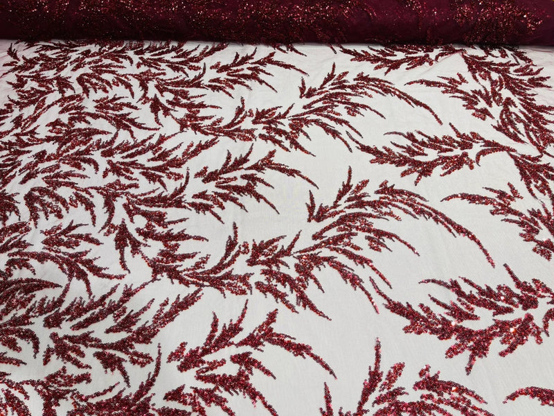 Plant Cluster Fabric - Burgundy - Beaded Embroidered Leaf Plant Design on Lace Mesh By Yard