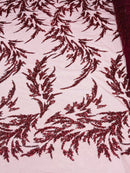 Plant Cluster Fabric - Burgundy - Beaded Embroidered Leaf Plant Design on Lace Mesh By Yard