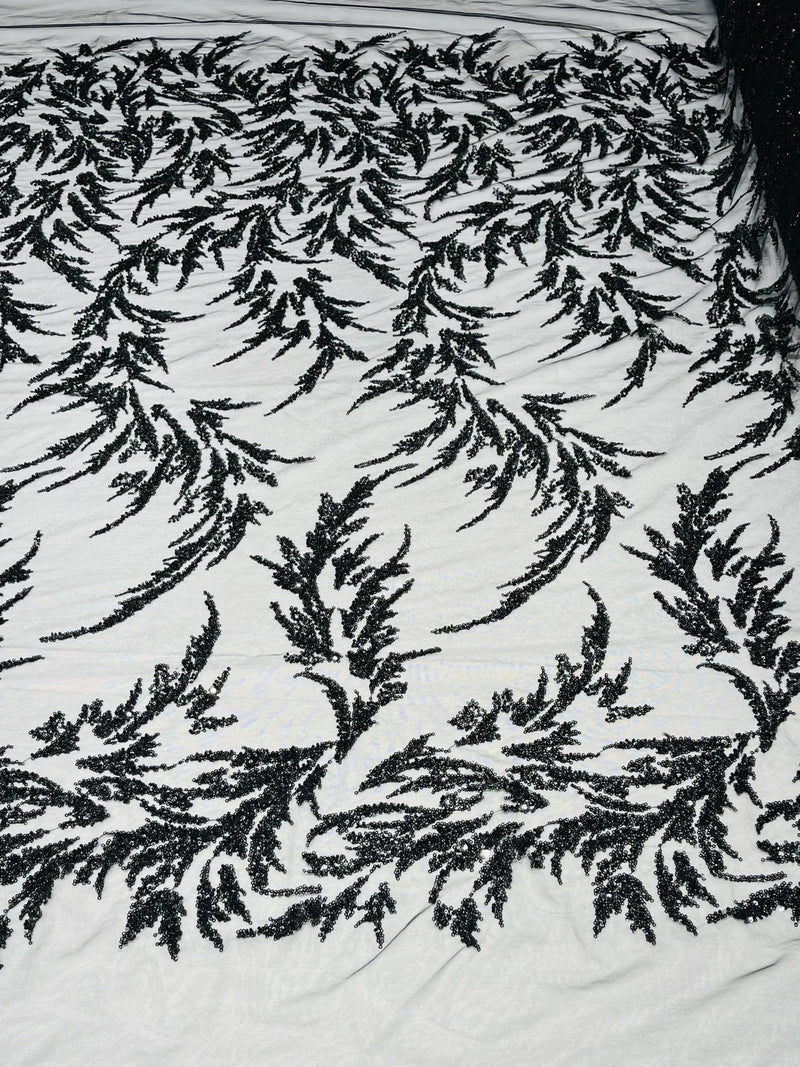 Plant Cluster Fabric - Black - Beaded Embroidered Leaf Plant Design on Lace Mesh By Yard