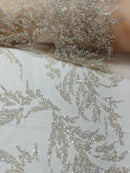 Plant Cluster Fabric - Clear Blush Mesh - Beaded Embroidered Leaf Plant Design on Lace Mesh By Yard