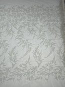 Plant Cluster Fabric - White - Beaded Embroidered Leaf Plant Design on Lace Mesh By Yard