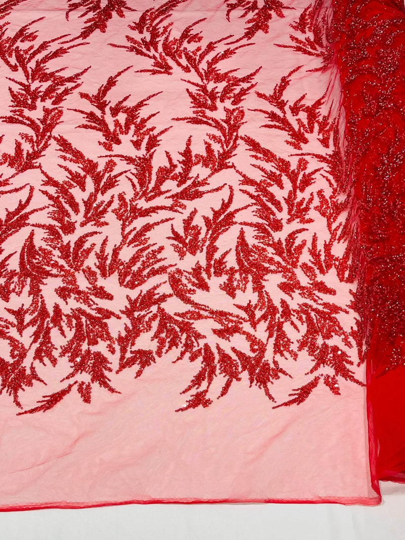 Plant Cluster Fabric - Red - Beaded Embroidered Leaf Plant Design on Lace Mesh By Yard