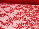 Plant Cluster Fabric - Red - Beaded Embroidered Leaf Plant Design on Lace Mesh By Yard