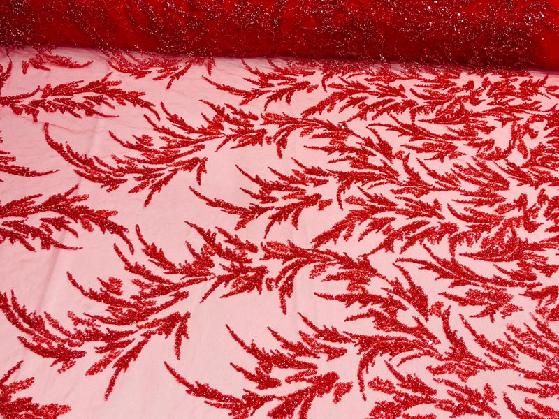 Plant Cluster Fabric - Red - Beaded Embroidered Leaf Plant Design on Lace Mesh By Yard