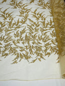 Plant Cluster Fabric - Gold - Beaded Embroidered Leaf Plant Design on Lace Mesh By Yard