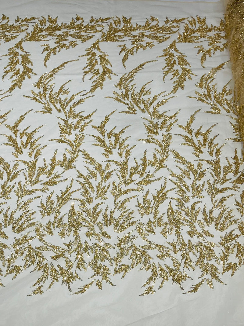 Plant Cluster Fabric - Gold - Beaded Embroidered Leaf Plant Design on Lace Mesh By Yard