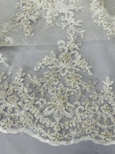 Fancy Border Cluster Fabric - Off-White - Embroidered Beaded Flower Lace Design on Mesh Yard