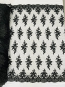 Fancy Border Cluster Fabric - Black - Embroidered Beaded Flower Lace Design on Mesh Yard