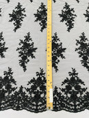 Fancy Border Cluster Fabric - Black - Embroidered Beaded Flower Lace Design on Mesh Yard