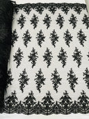 Fancy Border Cluster Fabric - Black - Embroidered Beaded Flower Lace Design on Mesh Yard