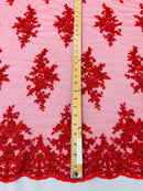Fancy Border Cluster Fabric - Red - Embroidered Beaded Flower Lace Design on Mesh Yard